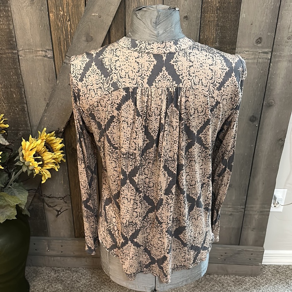 Anthropologie Gray Floral Wrap-Style Blouse with Cream, Red, Yellow Accents - Picture 5 of 9